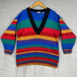 Vtg 80s 90s Sweater Womens L Mohair Blend Rainbow‎ Stripes Slouchy Grunge
